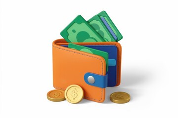 Aufkleber - An orange wallet with cash and cards, alongside gold coins; symbolizing wealth and finance.