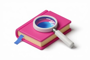 Poster - Magnifying glass on a pink book, symbolizing research and knowledge discovery.