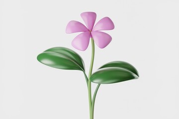 Poster - A stylized 3D rendering of a single pink flower with green leaves, simple and elegant.