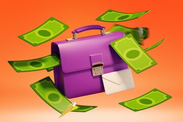 Aufkleber - Purple briefcase overflowing with money and an envelope, symbolizing financial success and communication.