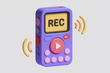 Poster - A 3D model of a purple voice recorder with buttons and a play button, indicating recording.