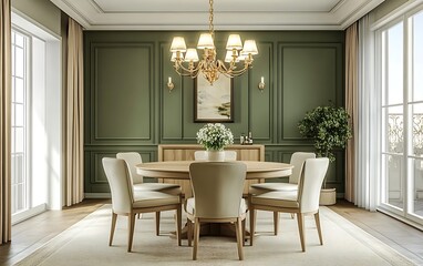 Wall Mural - Modern dining room interior with a round table and chairs, a chandelier hanging from the ceiling, green walls, and a beige carpet on the floor