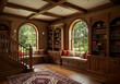 © Shanewaz - Elegant Home Library with Wooden Bookshelves, Arched Windows, and Cozy Seating