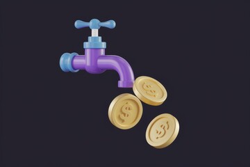 Aufkleber - A purple faucet dispenses golden dollar coins, symbolizing money flow or income generation.