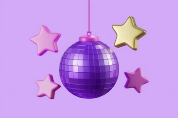 Poster - Purple disco ball hangs with pink and gold stars on a lilac background.