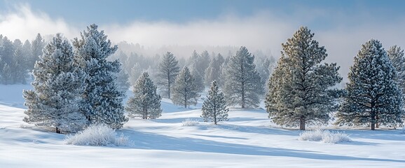 Poster - Frosty winter landscape with snow-covered evergreen trees in a foggy forest.