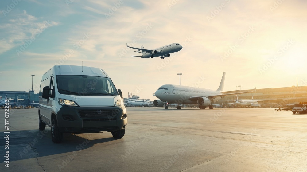 White van on airport tarmac with airplanes taking off and landing at ...