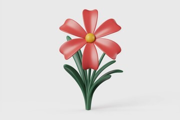 Aufkleber - A stylized 3D render of a single red flower with green leaves, minimalist and clean.