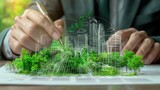 businessman analyzing paper chart while sketching sustainable city concept with greenery and buildings. image conveys innovation and environmental awareness