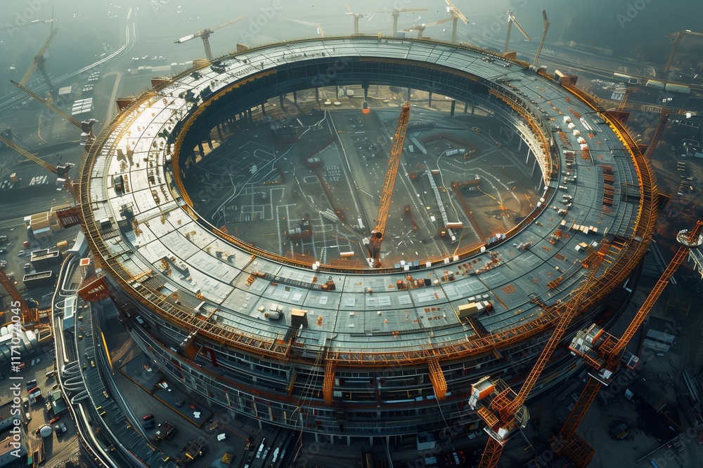 Aerial view of a large construction site featuring a circular structure ...