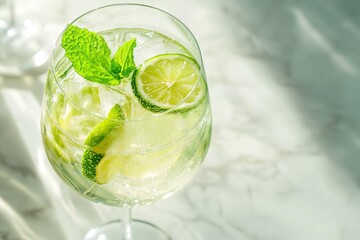 Wall Mural - Refreshing drink with mint and lime slices in clear glass, vibra