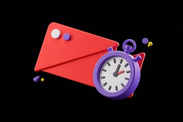 Fototapete - A 3D render of a red envelope and purple stopwatch symbolizing fast email delivery.