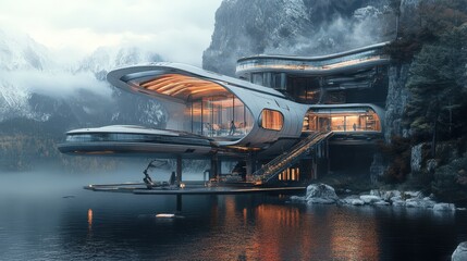 Wall Mural - Futuristic Lakeside Mansion Nestled Among Mountains