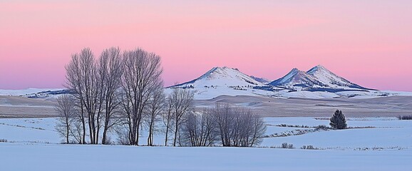 Poster - Pink sunrise over snow-covered landscape with bare trees and distant mountains.