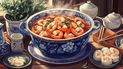 Wall Mural - An elegant presentation of hot and sour shrimp soup in a traditional bowl, with fresh ingredients artfully arranged around it, creating a warm atmosphere.