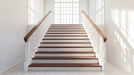 Aufkleber - An elegant staircase in a minimalist home, showcasing wooden steps and a simple railing, leading to a bright upper level with large windows and natural light.
