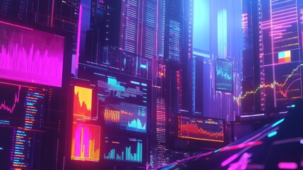 Digital Cityscape with Neon Lights