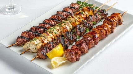 Canvas Print - A beautifully grilled platter of assorted skewers, featuring chicken, beef, and vegetables, garnished with lemon wedges and fresh herbs.