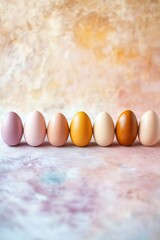 Wall Mural - Colorful eggs arranged in row showcase blend of pastel and warm