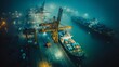 © DZMITRY - A foggy shipping port scene from above, showing container ships docking in an industrial urban setting, emphasizing maritime logistics.