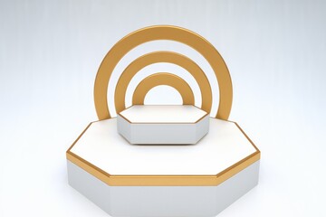 Leinwandbilder - Elegant white octagonal podium with gold accents and concentric circles, ideal for product display or awards ceremony.