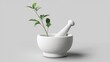 © Vibu design  gallery - A sprig of green plant rests inside a pristine white mortar and pestle, symbolizing natural remedies.