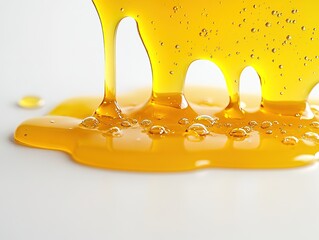 Golden honey flows smoothly, creating glossy, inviting texture o