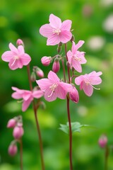 Wall Mural - Delicate pink flowers bloom gracefully, surrounded by lush green