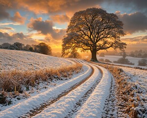 Poster - Snow-covered road winding through a winter landscape towards a majestic oak tree at sunset.