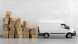 © Gibster - Truck delivery and moving box. Delivery van beside stacked cardboard boxes in a minimalist warehouse setting.