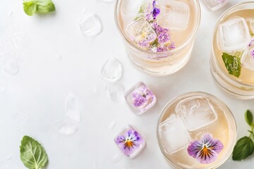 Wall Mural - Delicate drinks adorned with edible flowers and fresh mint, refr