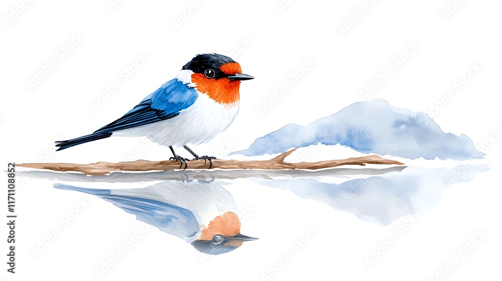 Watercolor Bird on Branch Reflection Blue Bird Wildlife Art Stock ...