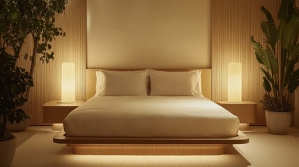 Poster - A cozy minimalist bedroom with a low-profile bed adorned with neutral bedding, surrounded by soft lighting, indoor plants, and wooden accents for a warm ambiance.