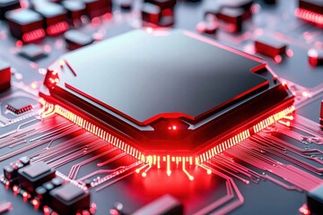 Fototapete - Intricate Details of a Futuristic Red-lit Computer Processor on a Circuit Board Surface