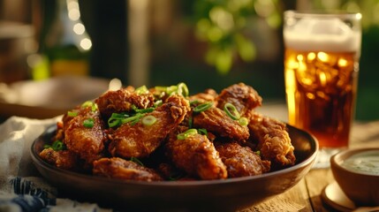 Wall Mural - A cozy setting showcasing Korean fried chicken in a traditional Korean bowl, garnished with sliced green onions, served alongside a refreshing beverage for a complete meal.