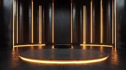 Generative AI image of a black stage with glowing gold lights surrounding a central podium, evoking sophistication.