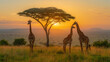 © sergo321 - Tall beautiful giraffe walking in African savannah at sunset. Saving giraffes in the wild in savannah.