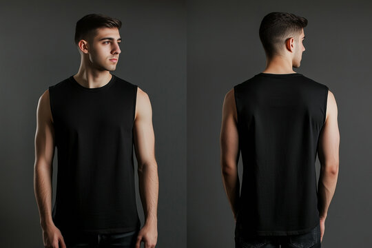 man wearing a black sleeveless t-shirt tank top mockup front and back used as a design template