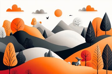 Aufkleber - A flat design of a kangaroo hopping across a simple landscape of rolling hills, with muted pastel colors