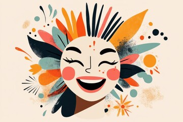 Aufkleber - A flat design of a laughing face with abstract sunburst patterns emanating from it in warm colors