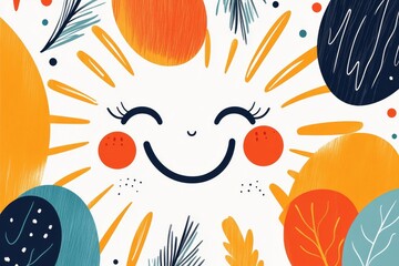 Aufkleber - A flat design of a laughing face with abstract sunburst patterns emanating from it in warm colors