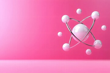 futuristic atom model with shiny spheres and metallic rings on soft pink background