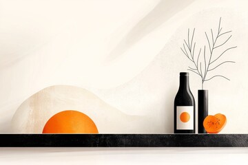 Poster - A minimalist depiction of a juice bottle with a simple fruit label, drawn in clean lines and pastel tones