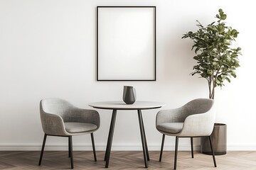 Modern dining room interior with a white wall mock-up and a blank poster frame, two chairs around a round table on a wooden floor, a plant in a vase, Scandinavian home decor, rendering