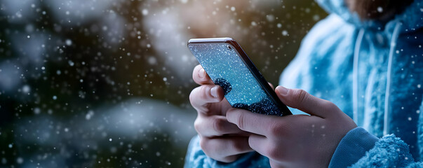 Person using phone outdoors in winter snow. Website, app, social media use