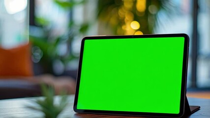 Poster - This tablet with a vibrant green screen sits on a wooden table in a stylish, bright room.