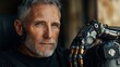 © Barosanu - A captivating portrait of a senior man sporting a sophisticated robotic prosthetic arm, demonstrating resilience and adaptation in the face of challenges.