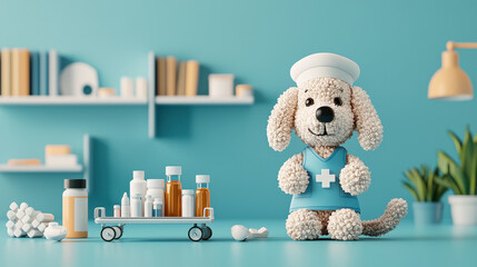 Poster - cute plush dog nurse toy arranging medicine bottles on cart in bright, cheerful setting. scene conveys sense of care and playfulness, perfect for children rooms