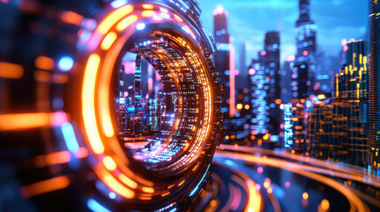 Poster - Futuristic cityscape with glowing neon lights and advanced technology, showcasing vibrant urban environment. scene captures sense of innovation and modernity