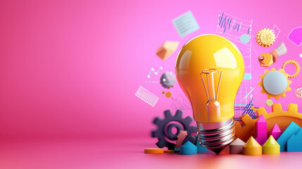 Aufkleber - bright lightbulb symbolizes innovation, surrounded by colorful geometric shapes and gears, representing creativity and problem solving in vibrant setting